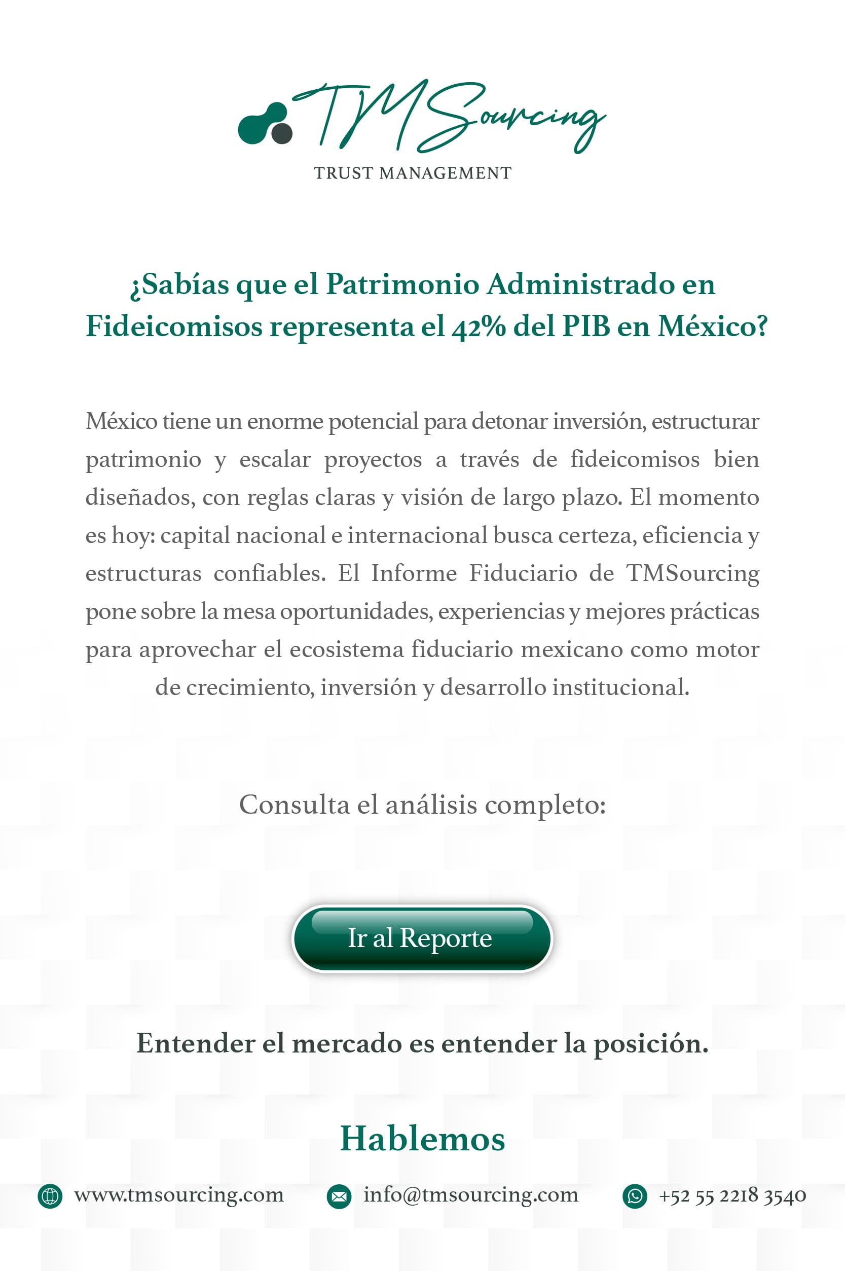 Informe Fiduciario de TMSourcing: el patrimonio administrado en fideicomisos representa el 42 % del PIB en México. Escríbenos a info@tmsourcing.com o al 52 55 2218 3540.